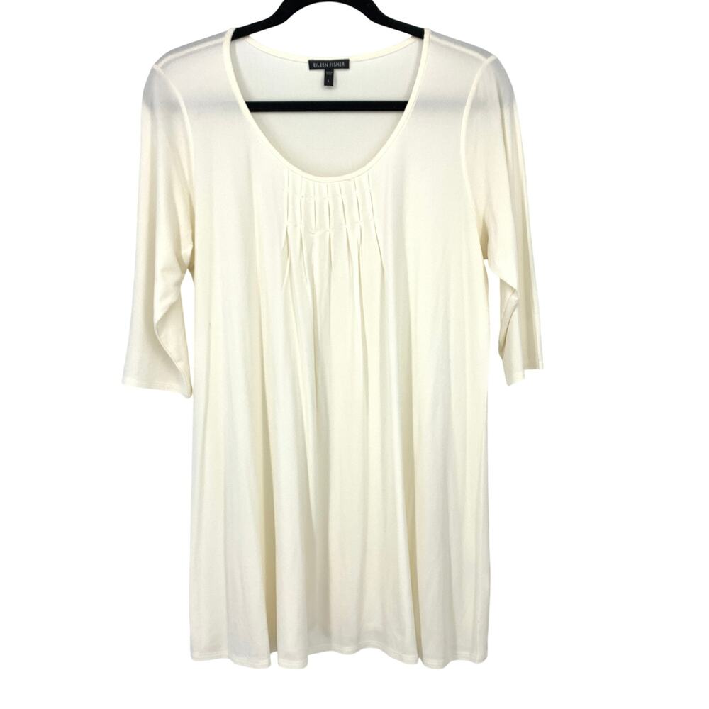 Eileen Fisher 100% Silk Top Womens Sz L Ivory Pleated Details Half Sleeve Blouse